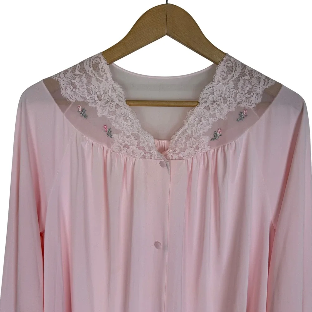 Shadowline‎ Vintage Pink Lace Embroidered Button Front Peignoir Robe Large USA